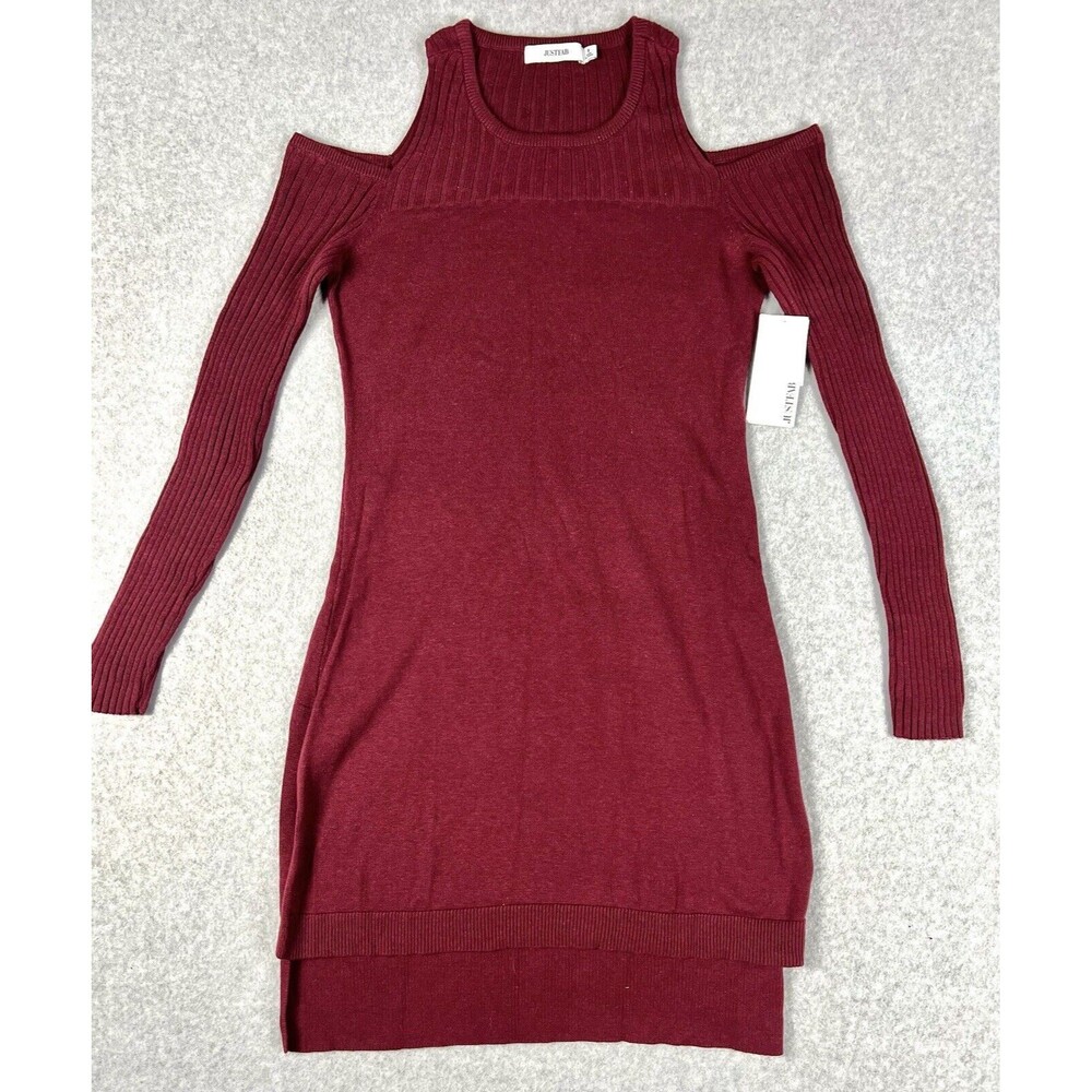 JustFab Sweater Dress Womens Small Burgundy Cold Shoulder Ribbed Bodycon Mini - Picture 2 of 13